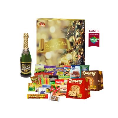 Cesta de Natal Ametista Em caixa de papelão kraft decorada com 24 itens e 31 unidades, incluindo Panetone com frutas 400g, Panetone gotas com sabor chocolate 400g. e mais outros produtos deliciosos. Uma seleção perfeita para celebrar as festas com muito sabor e alegria!