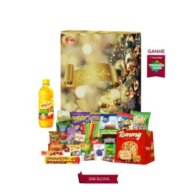 Cesta de Natal Ônix sem álcool Embalada em uma caixa de papelão kraft decorada com 33 unidades, incluindo Panetone com frutas, Concentrado para refresco de frutas e mais outros produtos Uma seleção perfeita para celebrar as festas com muito sabor e alegria!