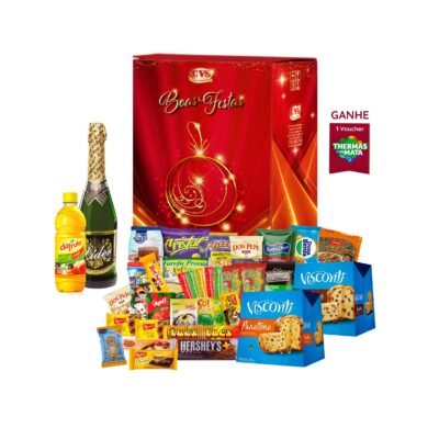 Cesta de Natal Opala Com produtos deliciosos, Incluindo: Panetone com frutas, Panetone de gota de chocolate, Espumante branco e Refresco de frutas e mais...